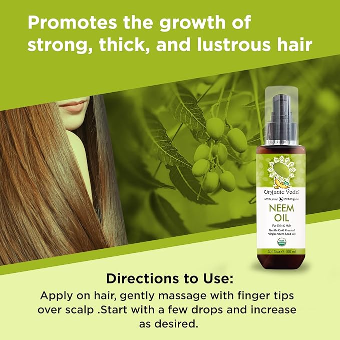 Organic Veda Neem Oil - Pure, Cold Pressed & Organic Neem Oil for Skin, Hair, Face, Body, Scalp - Natural Moisturizer, Virgin Neem seed oil - Rich in Vitamin E, Fatty Acids, Antioxidants - 3.4 fl oz