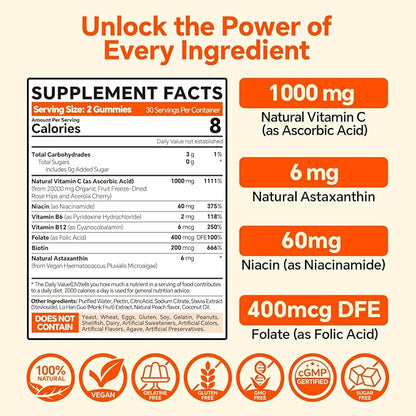 Astaxanthin Supplements 6mg + Liposomal Vitamin C 1000mg - Dual Layer - Niacin B6,B12,Folate,Biotin - Antioxidants - Gelatin Free,Sugar Free,60Cts