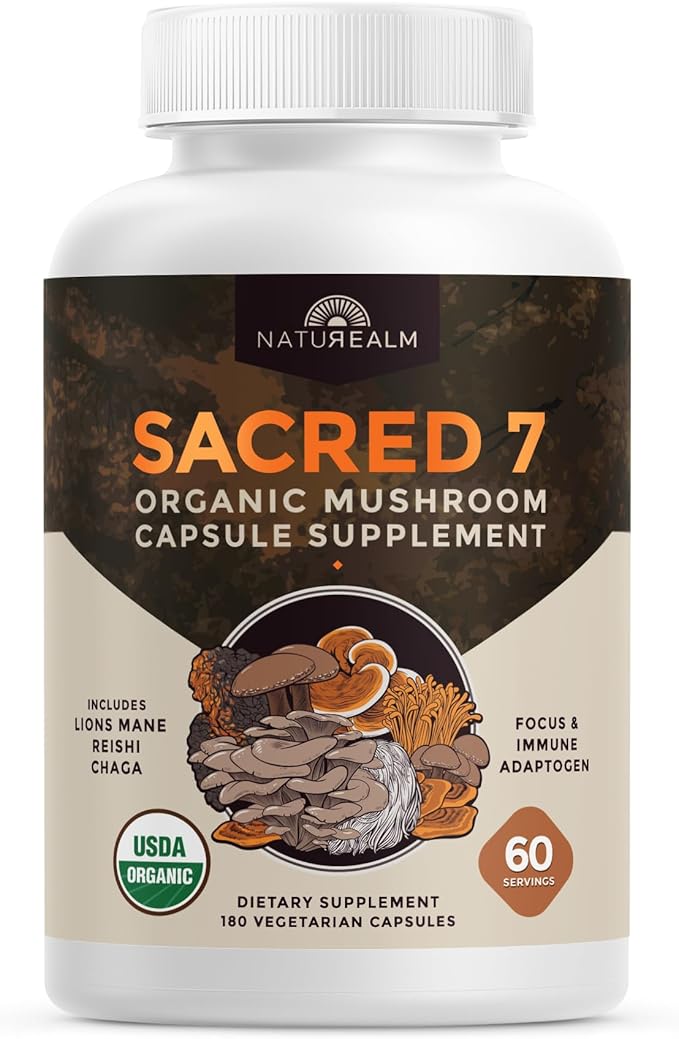 Naturealm Sacred 7 Organic Mushroom Extract Capsules - Premium 7 Mushroom Complex with Lions Mane, Reishi, Chaga - USDA Organic Immune Support & Focus - 180 Vegetarian Capsules