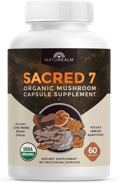 Naturealm Sacred 7 Organic Mushroom Extract Capsules - Premium 7 Mushroom Complex with Lions Mane, Reishi, Chaga - USDA Organic Immune Support & Focus - 180 Vegetarian Capsules