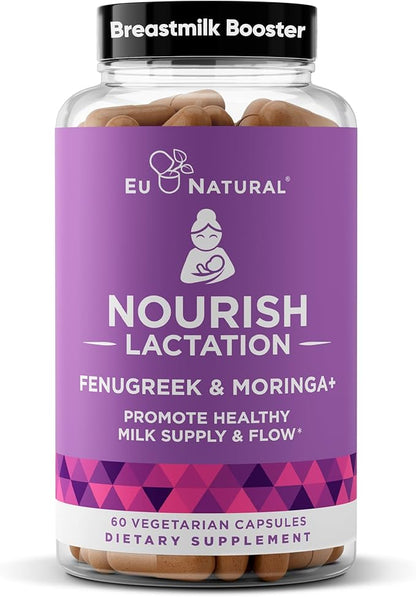 Eu Natural Nourish Lactation Supplement - Postpartum Support for Healthy Milk Flow & Production - Fenugreek Capsules for Women with Milk Thistle, Fennel Seed & Organic Moringa, 60 Vegan Soft Capsules