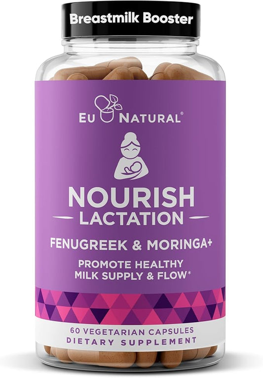 Eu Natural Nourish Lactation Supplement - Postpartum Support for Healthy Milk Flow & Production - Fenugreek Capsules for Women with Milk Thistle, Fennel Seed & Organic Moringa, 60 Vegan Soft Capsules