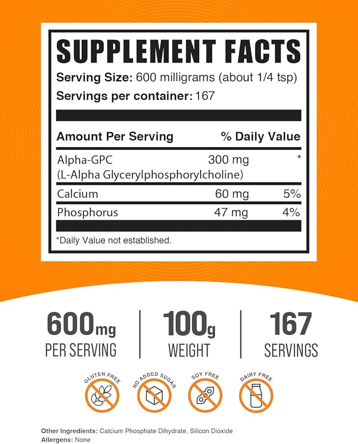 BulkSupplements.com Alpha GPC Powder - Choline Supplements, Alpha GPC 300mg - Acetylcholine Supplements, Unflavored & Gluten Free, 600mg per Serving, 100g (3.5 oz) (Pack of 1)