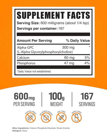 BulkSupplements.com Alpha GPC Powder - Choline Supplements, Alpha GPC 300mg - Acetylcholine Supplements, Unflavored & Gluten Free, 600mg per Serving, 100g (3.5 oz) (Pack of 1)