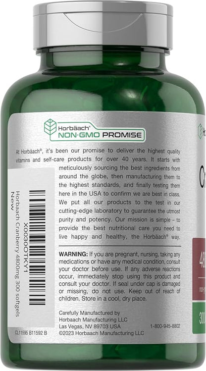 Horbäach Cranberry Pills for Women and Men 4800mg | 300 Softgels | Non-GMO, Gluten Free Supplement | from Concentrate Extract