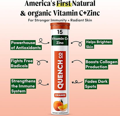 Quench Vitamin C & Zinc Effervescent Tablets - 1000mg, Sugar-Free, Immune Support Supplement, Includes Electrolytes, Orange Flavor Fizzy Drink - 30 Count