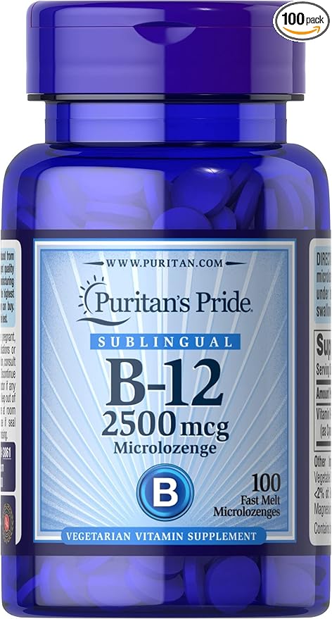 Puritan's Pride Vitamin B-12 2500 mcg Sublingual Microlozenges, White, 100 Count