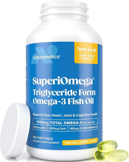 Triglyceride Omega 3 Fish Oil – High EPA & DHA for Eye, Joint, Heart & Brain Support – Omega-3 Fatty Acids - Lemon Flavor – 180 Softgels – 90 Day Supply