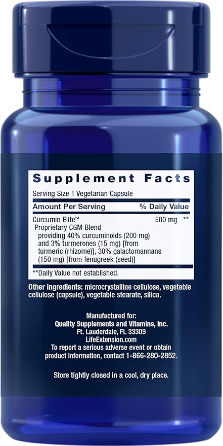 Life Extension Curcumin Elite Turmeric Extract, promotes a healthy inflammatory response, immune & heart health, two-month supply, gluten-free, vegetarian, non-GMO, 60 vegetarian capsules