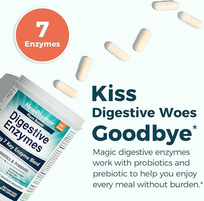 NewRhythm Digestive Enzymes 245 mg, with Probiotics and Prebiotics, Plant Based, 7 Key Enzymes, Digestion, Nutrient Absorption, Protease Amylase & Lipase, 60 Vegan Capsules