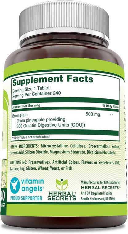 Herbal Secrets Bromelain Supplement 500 Mg Tablets Supplement | Non-GMO | Gluten Free | Made in USA (240 Count)
