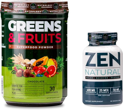 Nutrology Greens & Fruits Powder-Naturally Sourced Superfood, Chocolate (30 Servings) Zen Natural Magnesium Supplement (30 Servings)