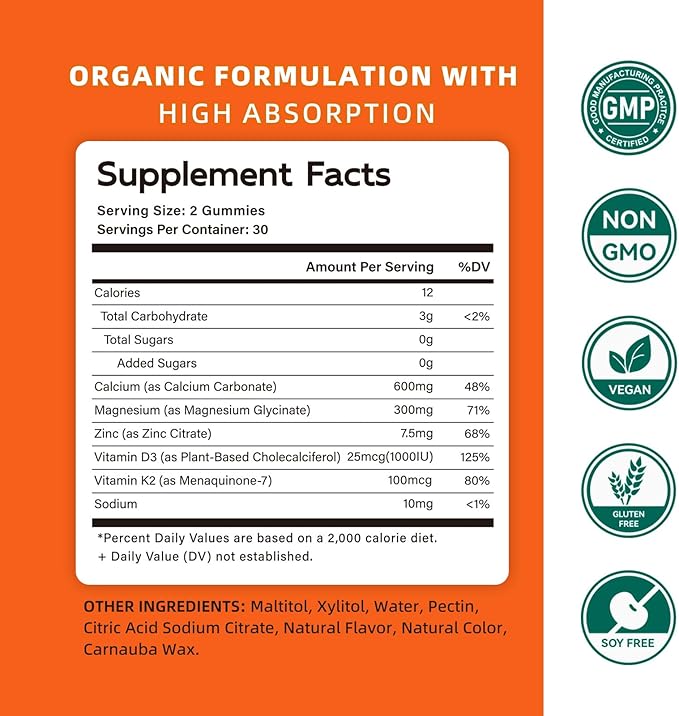 Calcium Magnesium Zinc Gummies with Vitamin D3 & K2 - High Potency Enhanced Absorption -60 OrangeGummies Flavored