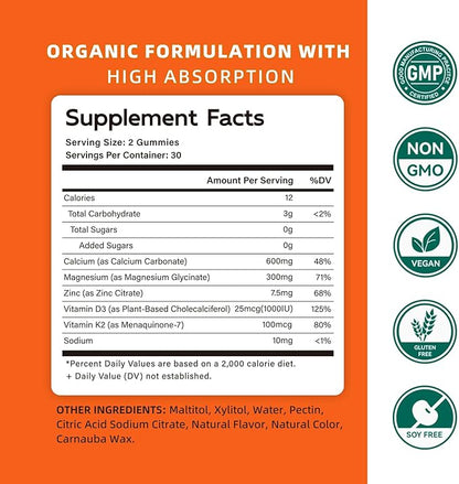 Calcium Magnesium Zinc Gummies with Vitamin D3 & K2 - High Potency Enhanced Absorption -60 OrangeGummies Flavored