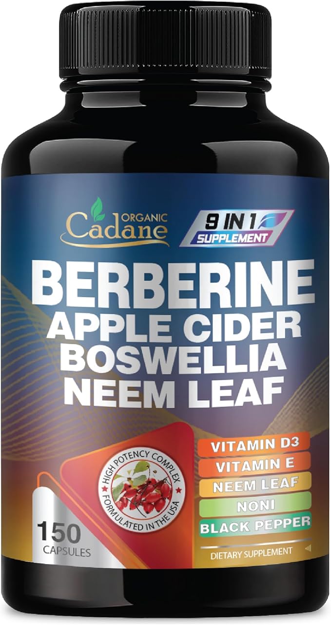 Organic Cadane Berberine Supplement 150 Capsules, with Neem Leaf, Apple Cider Vinegar, VIT D3, E & More - Berberine Extract 35:1- Support for Immune System, Digestion & Overall Health