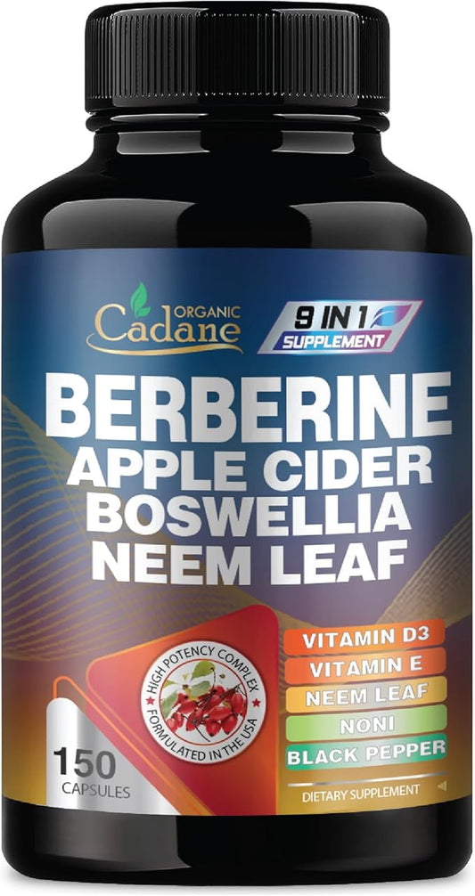 Organic Cadane Berberine Supplement 150 Capsules, with Neem Leaf, Apple Cider Vinegar, VIT D3, E & More - Berberine Extract 35:1- Support for Immune System, Digestion & Overall Health