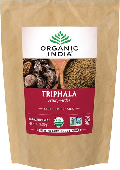Organic India Triphala - Herbal Supplement with Amla, Bibhitaki, Haritaki, Digestion & Colon Support, Immune System Support, Adaptogen, Vegan, USDA Certified Organic - 1 lb Bag