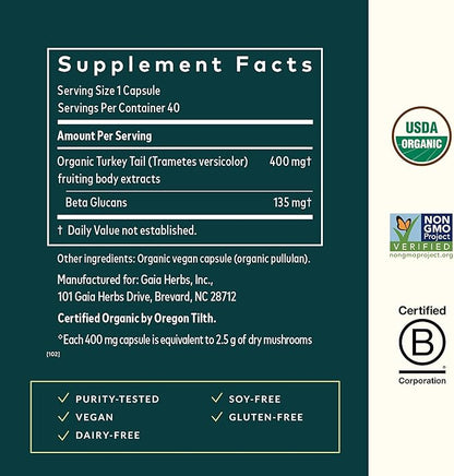 Gaia Herbs Turkey Tail Mushroom - Immune Support Supplement to Help Maintain Liver Health - with Organic Turkey Tail Mushroom Fruiting Body Extract - 40 Vegan Capsules