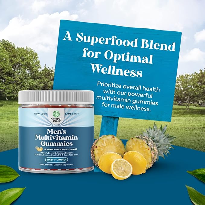 Men's Multivitamins Gummies with Superfood Complex - Daily Multivitamin for Men with CoQ10 and Ashwagandha for Energy and Immunity - Vegetarian Adult Multivitamin Gummies for Men (2 Month Supply)