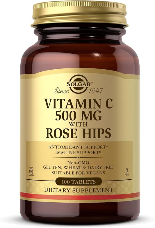 Solgar Vitamin C 500 mg with Rose Hips - 100 Tablets - Antioxidant & Immune Support - Non-GMO, Vegan, Gluten Free, Dairy Free, Kosher - 100 Servings