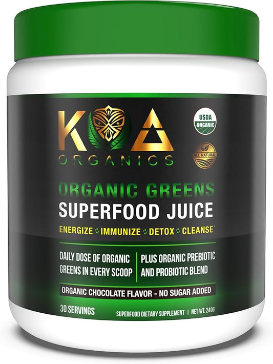 Greens Superfood Juice Powder - USDA Organic Super Greens Powder with with Spirulina, Chlorella, Matcha, Wheat Grass, Digestive Enzymes & Probiotics - Chocolate Flavor -30 Serv
