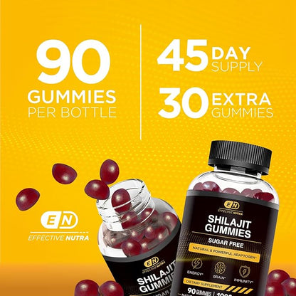 Shilajit Gummies 1000mg | Pure Shilajit Resin for Energy, Brain & Immunity | Supplement for Men & Women | Sugar-Free, Vegan, Gluten-Free | Natural Berry Flavor, Made in USA (90ct)