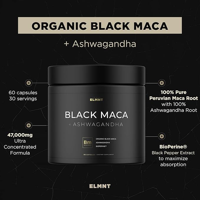 ELMNT 40,000mg 40x Strength Organic Black Maca Root + Ashwagandha - #1 Highest Potency Black Maca Root Capsules for Men Supplement 100% Pure Maca Peruana 40:1 Extract Maca Powder Pills Male Booster