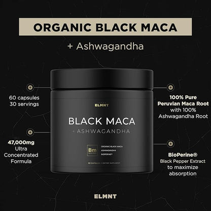 ELMNT 40,000mg 40x Strength Organic Black Maca Root + Ashwagandha - #1 Highest Potency Black Maca Root Capsules for Men Supplement 100% Pure Maca Peruana 40:1 Extract Maca Powder Pills Male Booster