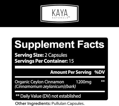 Kaya Naturals Ceylon Cinnamon Supplement | 1200mg per Serving, Vegan - Non-GMO & Gluten Free - 30 Capsules