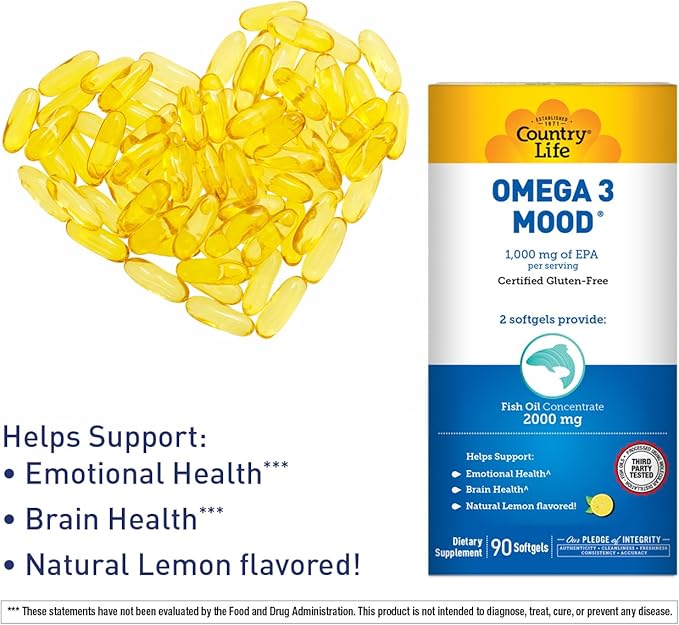 Country Life Omega 3 Mood, 2000mg Fish Oil with EPA & DHA, 90 Softgels, Certified Gluten Free