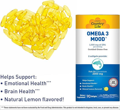 Country Life Omega 3 Mood, 2000mg Fish Oil with EPA & DHA, 90 Softgels, Certified Gluten Free