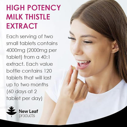 New Leaf Products Milk Thistle 1000mg Tablets (4 Month Supply) High Strength 2000mg 80% Silymarin, Vegan Tablets, GMO-Free, Gluten-Free 120 Tablets
