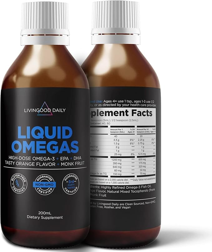 Livingood Daily Fish Oil Supplements with Omega 3 Fatty Acid, Liquid Omegas (200ml) - EPA & DHA Fish Oil Pills Support Heart & Joint Health - Promotes Healthy Digestion & Brain Function - Non-GMO