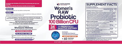 Wholesome Wellness Dr. Formulated Raw Probiotics for Women 100 Billion CFUs Capsules with Prebiotics, Digestive Enzymes, Approved for Adults, Shelf Stable Supplement
