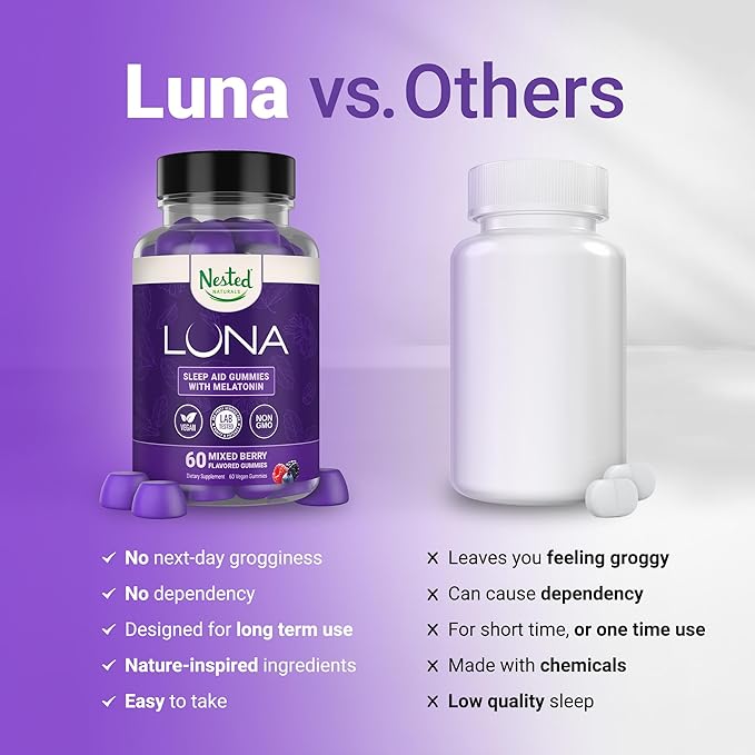 Nested Naturals Luna Sleep Gummies - Non-Habit Forming Melatonin Gummies 3mg with L-Theanine, Valerian Root, GABA, and Lemon Balm - Sleep Gummies for Adults - Mixed Berry, 60 Vegan Gummies