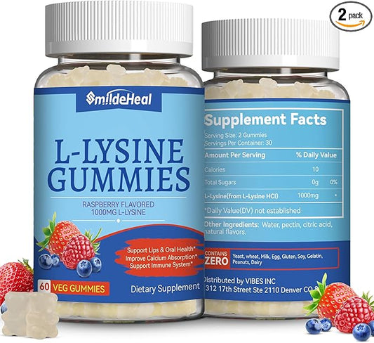 2 Pack L-Lysine 1000mg Gummies, Chewable Lysine Supplement for Adults, Immune Support, Collagen Formation Support, Non-GMO, Vegan, Gluten Free - 120 Counts