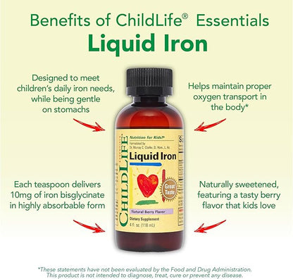 CHILDLIFE ESSENTIALS Liquid Iron - Liquid Iron Supplements for Kids, Iron Drops, Toddler Iron Supplement, Iron Liquid, Iron for Kids, Baby Iron Supplement, Gluten Free - Natural Berry, 4 Fl Oz