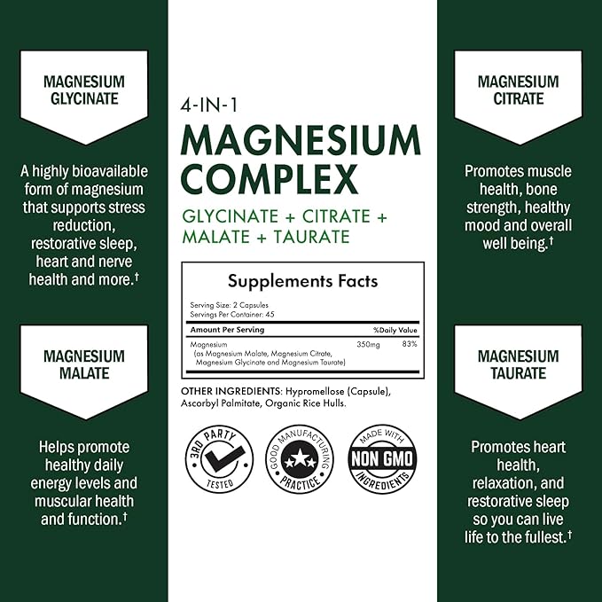 Magnesium Complex Supplement - Extra Strength 350mg High Absorption Magnesium Glycinate Citrate Malate and Taurate to Support Heart Health Sleep Nerves Muscles - Non GMO, Vegan Safe, 90 Capsules