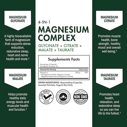 Magnesium Complex Supplement - Extra Strength 350mg High Absorption Magnesium Glycinate Citrate Malate and Taurate to Support Heart Health Sleep Nerves Muscles - Non GMO, Vegan Safe, 90 Capsules