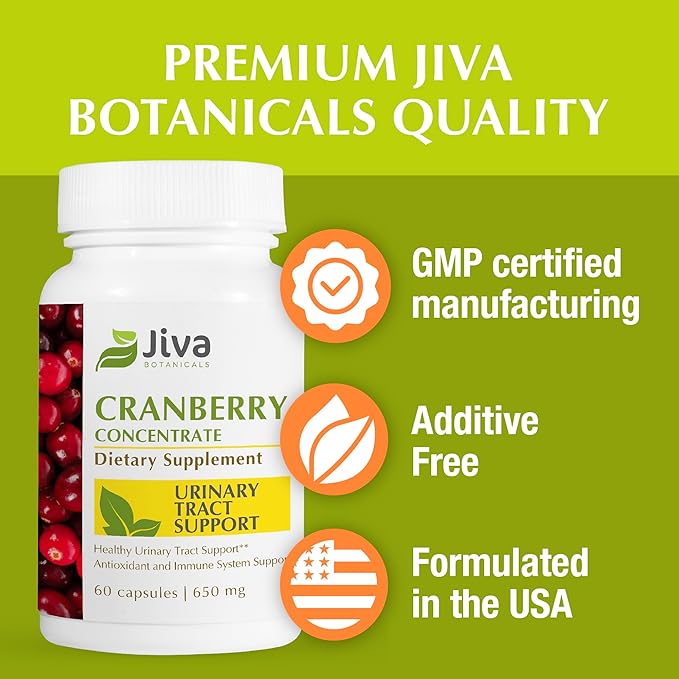 Jiva Botanicals Concentrated Cranberry Supplement - 650 mg Cranberry Powder Extract Pills for Women - High Potency for Normal Urinary Tract Health - 60 Capsules