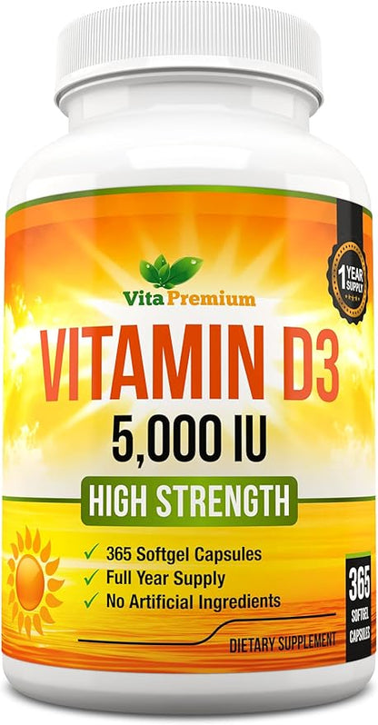 Vitamin D3 5000 IU, 365 Easy-Swallow Softgels, High Strength Vitamin D 5000 IU Supplement - Full Year Supply