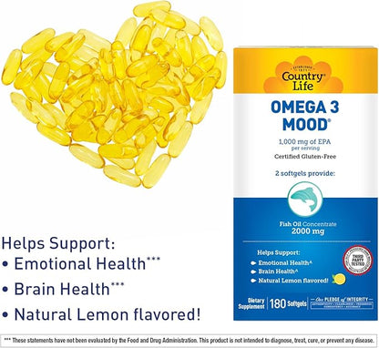 Country Life Omega 3 Fish Oil Supplement - High Concentration EPA and DHA Omega 3 Fatty Acids - 2000mg Fish Oil for Emotional Health, Mood Support, and No Fish Taste - Natural Lemon Flavor