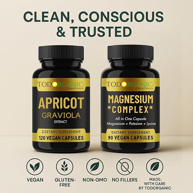 Todorganic 2-Pack: Apricot & Graviola Extract + Magnesium, Potassium & Lysine – Vegan Supplement Combo for Relaxation, Healthy Skin & Mineral Balance – Non-GMO, Gluten-Free – 2 Bottles