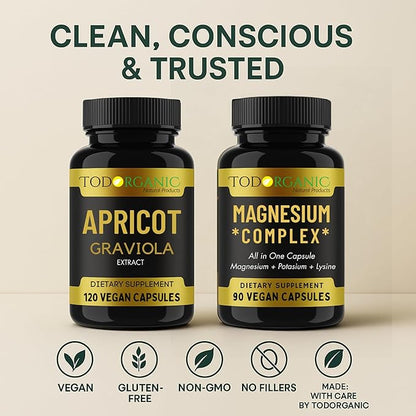 Todorganic 2-Pack: Apricot & Graviola Extract + Magnesium, Potassium & Lysine – Vegan Supplement Combo for Relaxation, Healthy Skin & Mineral Balance – Non-GMO, Gluten-Free – 2 Bottles