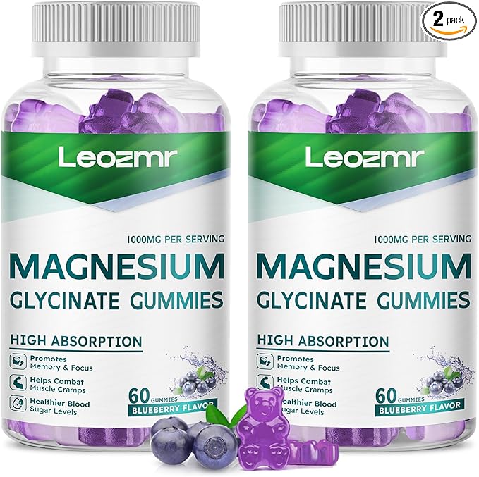 Magnesium Glycinate Gummies 1000mg - Sugar Free Magnesium Potassium Supplement with Vitamin D, B6, CoQ10 for Calm Mood & Sleep Support - 120 Blueberry Gummies