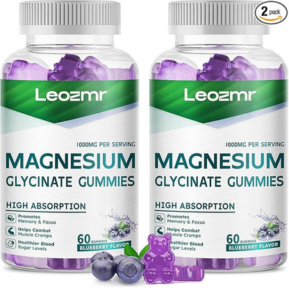 Magnesium Glycinate Gummies 1000mg - Sugar Free Magnesium Potassium Supplement with Vitamin D, B6, CoQ10 for Calm Mood & Sleep Support - 120 Blueberry Gummies