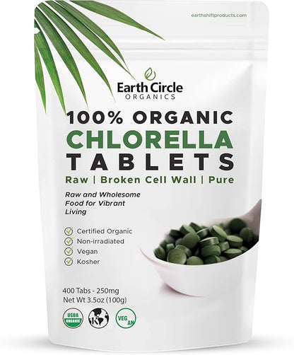 Organic Chlorella Tablets | Kosher | Potent Supplement, All-Natural Chlorophyll, Green Algae superfood, Broken Cell Wall | High in Protein & Iron, no additives, Vegan - 400 Tablets