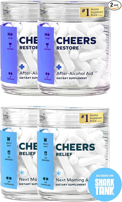 Cheers R&R Combo | Restore + Relief | Feel Better After Drinking & Support Your Liver | DHM, L-Cysteine, Milk Thistle, Ginger, White Willow Bark, Caffeine, L-Theanine | 24 Doses Each | Supplements