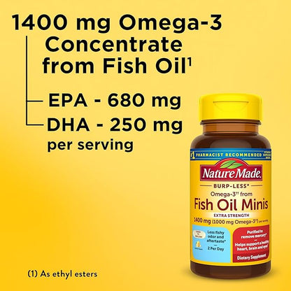 Nature Made Extra Strength Burp Less Fish Oil Omega 3 Supplements 1400 mg Minis, Omega 3 Fish Oil as Ethyl Esters for Healthy Heart Brain Eyes Support, 60 Softgels, 30 Day Supply