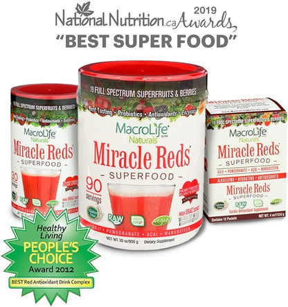 MacroLife Naturals Miracle Reds Superfood Supplement Powder Antioxidants Polyphenols Enzymes Probiotics - Raw Non-GMO Organic Vegan Gluten & Dairy Free (12 Packet)